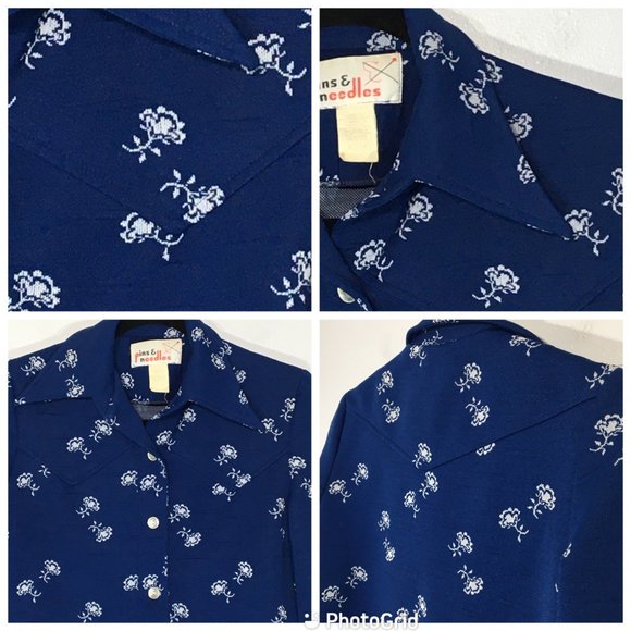 Vintage 70s Blue Button Front Jacket, Pointy Dagger Collar Western Style Floral - Picture 3 of 16